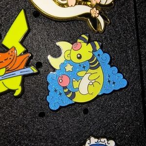 Pokemon Yellow Ampharos Pin with Blue Glitter Cloud and Pink Accents